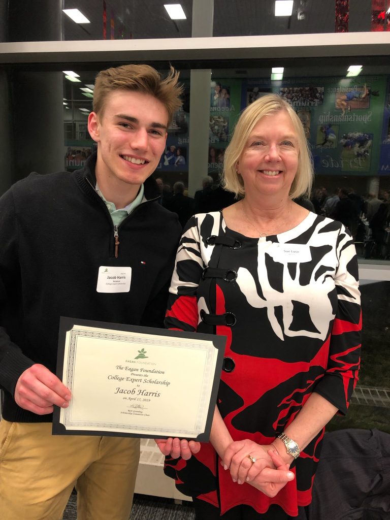 Sue Luse at the Eagan Foundation 2019 Scholarship Award ceremony with scholarship recipient Jacob Harris.